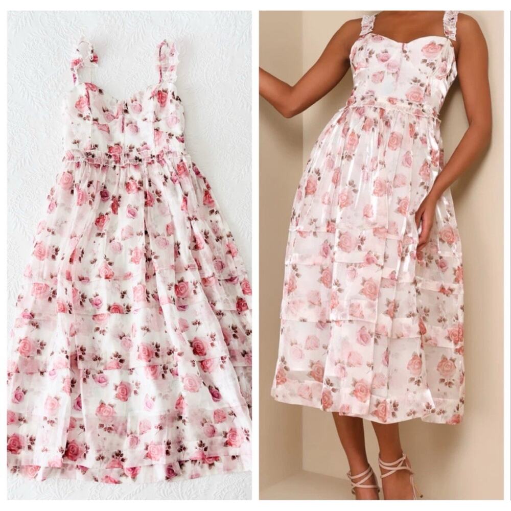 NWT LULUS SINCERLY ENCHANTING IVORY FLORAL PRINT Organza Midi Dress Medium (n11)